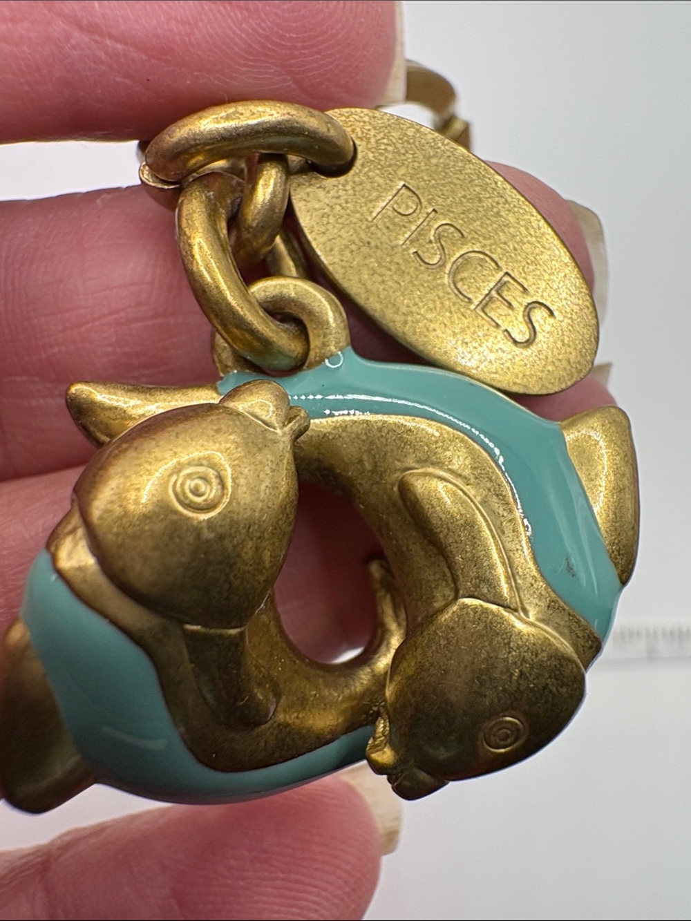 Mulberry Pisces Brass Keychain with Teal Enamel Fish Charm - Picture 2 of 6